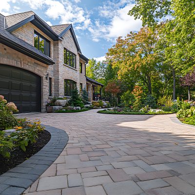 arafed driveway with a brick paver and a stone walkway