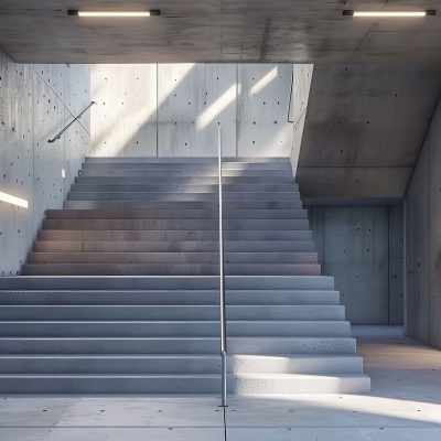 A contemporary multifamily structure in a European metropolis. The stairwell entrance. Walls made of concrete, Generative AI.