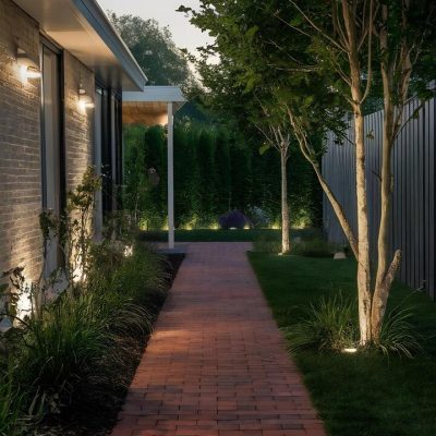 modern-garden-with-brick-path-outdoor-lighting